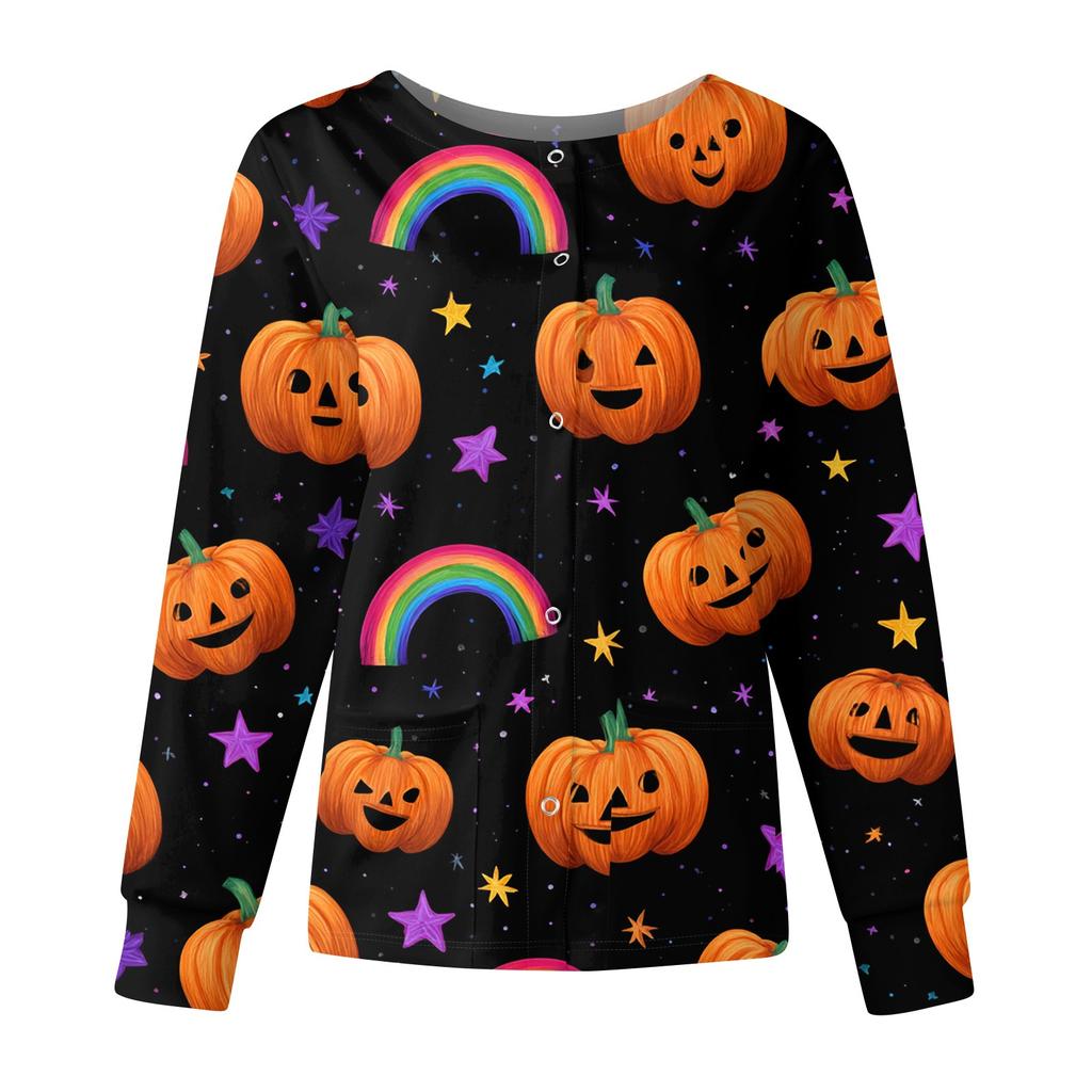 Women's Casual Fashion Long Sleeve Standing Collar Single Breasted Halloween Printed Workwear Jacket Tops