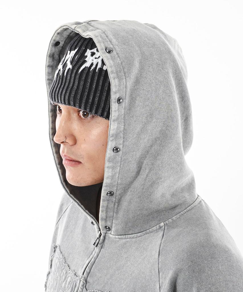 WEGO Powder Bleached Studded Zip Korean Size Gray Men's Hoodie, Sweatshirt, Hooded, Autumn/Winter Clothing, Streetwear, Style, L,