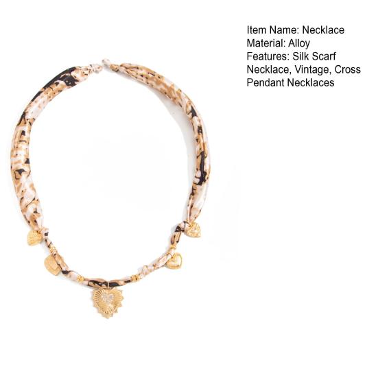 Silk Scarf Necklace, with Gold Chain And Sunflower Heart Pendant, Retro Style Alloy Charms Choker for Women