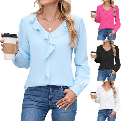 Modisches lässiges Damen Langarm V-Ausschnitt Plissee Rüschenrand Hemd Pullover Top