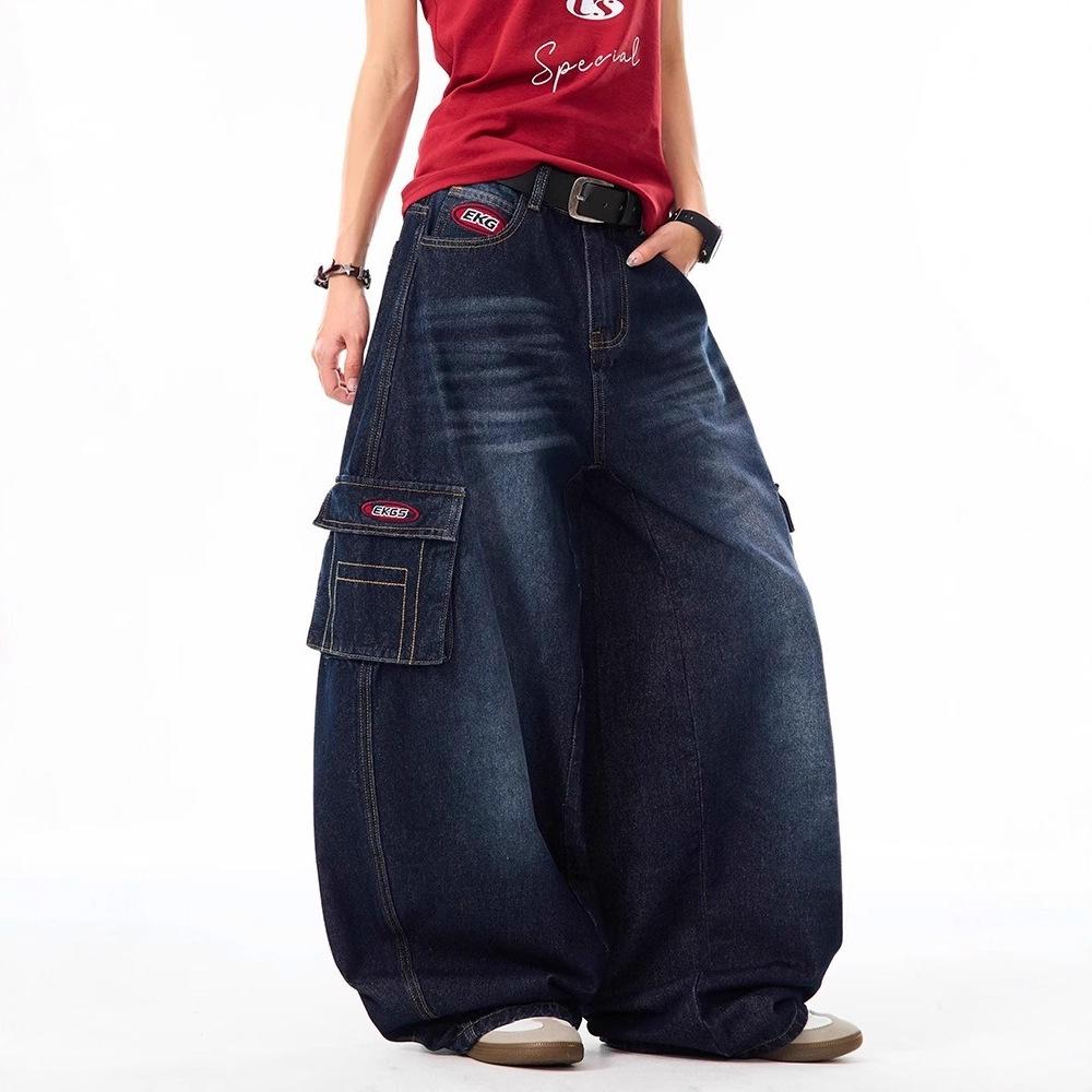 American retro cat whisker washed scimitar jeans women's trendy brand loose multi-pocket tooling wide-leg pants trendy and versatile