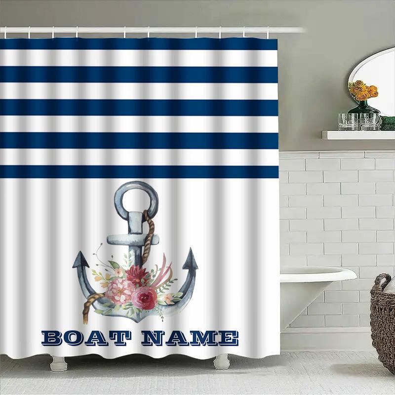 Aquarell Ankare Duschdraperi Personlig Dekor För Badrum Marinblå Ränder Båtnamn Anpassningsbart Vattentätt Tygset