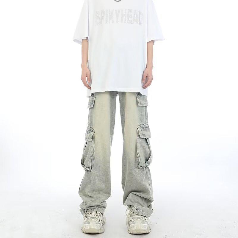 Tooling jeans men's spring and autumn American trendy brand niche straight pants high street zipper loose wide-leg denim trousers