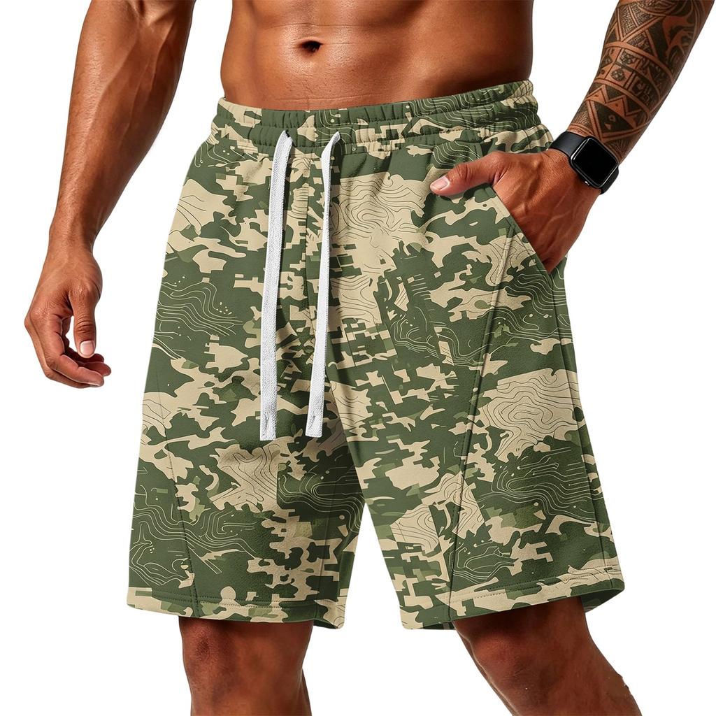 Herren lockere Camouflage-Print Sportshorts mit Taschen für Fitnessstudio Training Laufen Strandbekleidung Kordelzug Taille