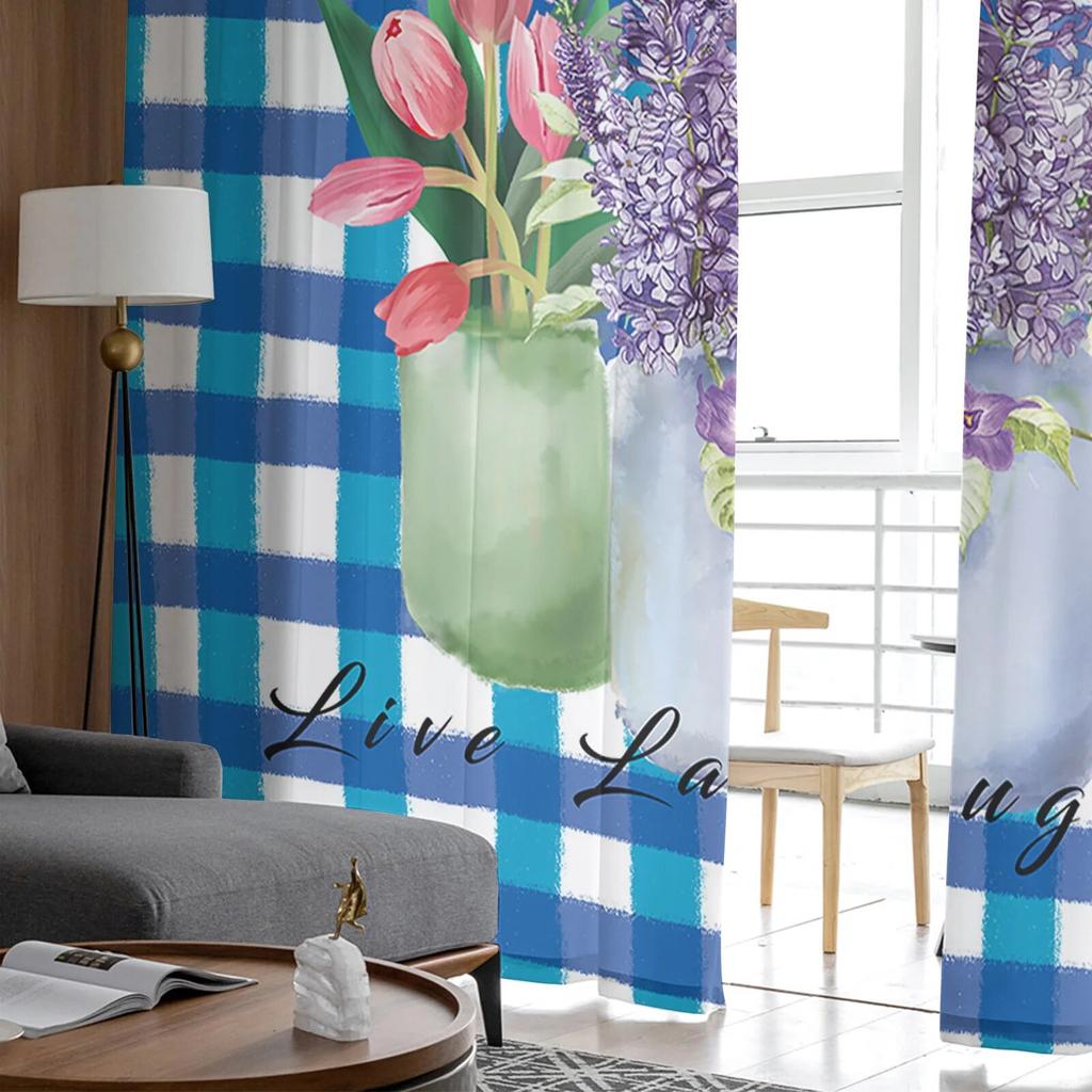 Flower Lavender Plaid Tulle Curtains Balcony Room Fashion Printed Sheer Curtain Living Room Window Modern Decor