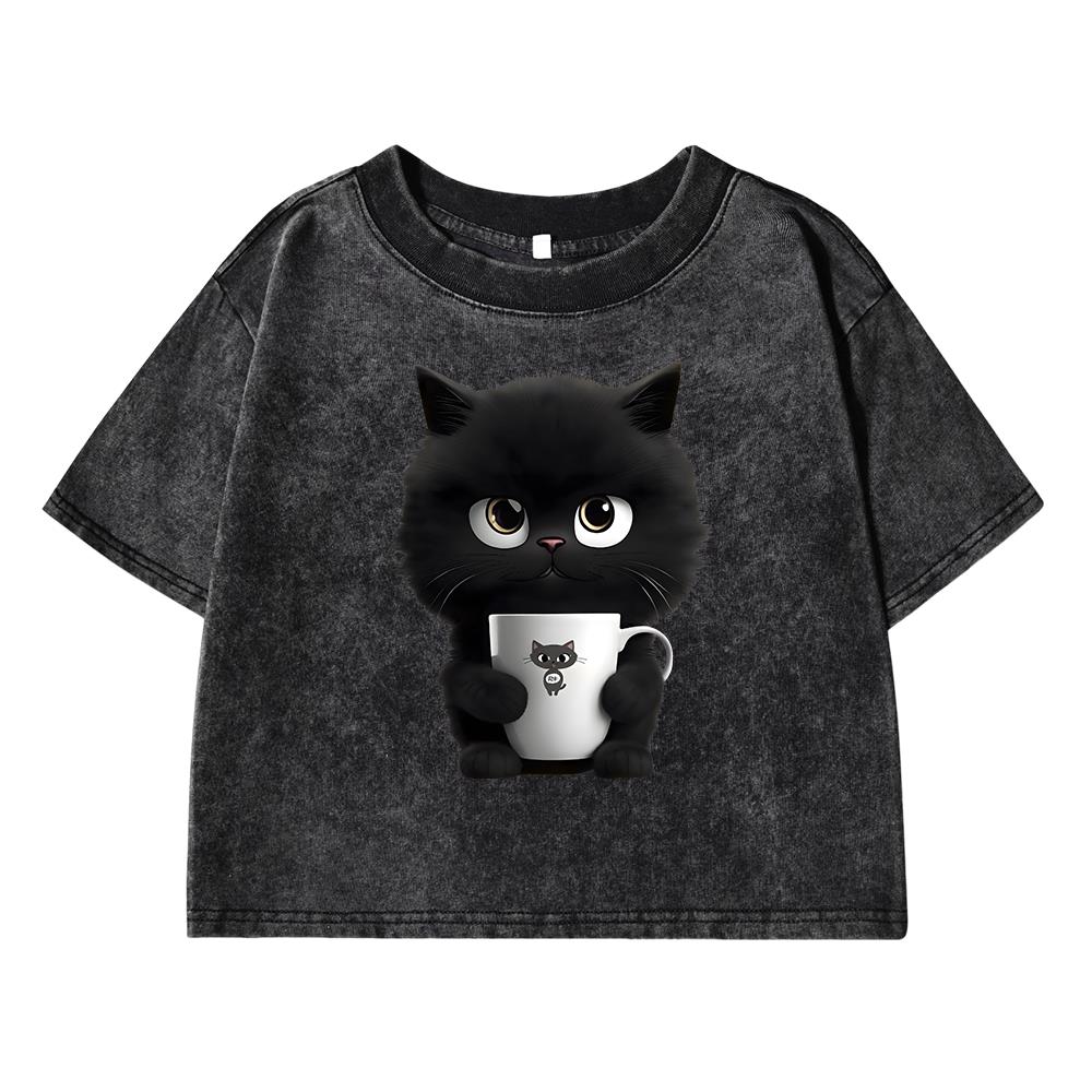 

Черный кот держит чашку Принт Женская стираная короткая футболка Летние прохладные футболки Потертая одежда Дышащая мягкая футболка XL