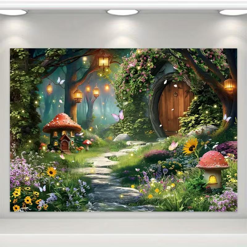 2D Magical Forest Mushroom Cottage Photography Backdrop for Toddler Photoshoot