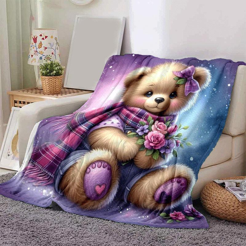 1pc Bear Printing Lightweight Flannel Blanket, Comfortable and Warm Blanket, for Camping Sofa Bed and Couch Office, in All Seasons
