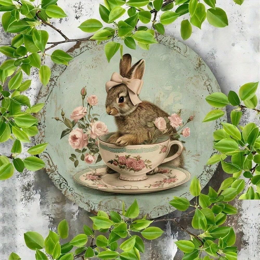 Whimsical Rustproof Aluminum Rabbit Wall Art Sign, Vintage Farmhouse Decor for Indoor Outdoor Relaxation, 8x8 Inch Metal Plaque