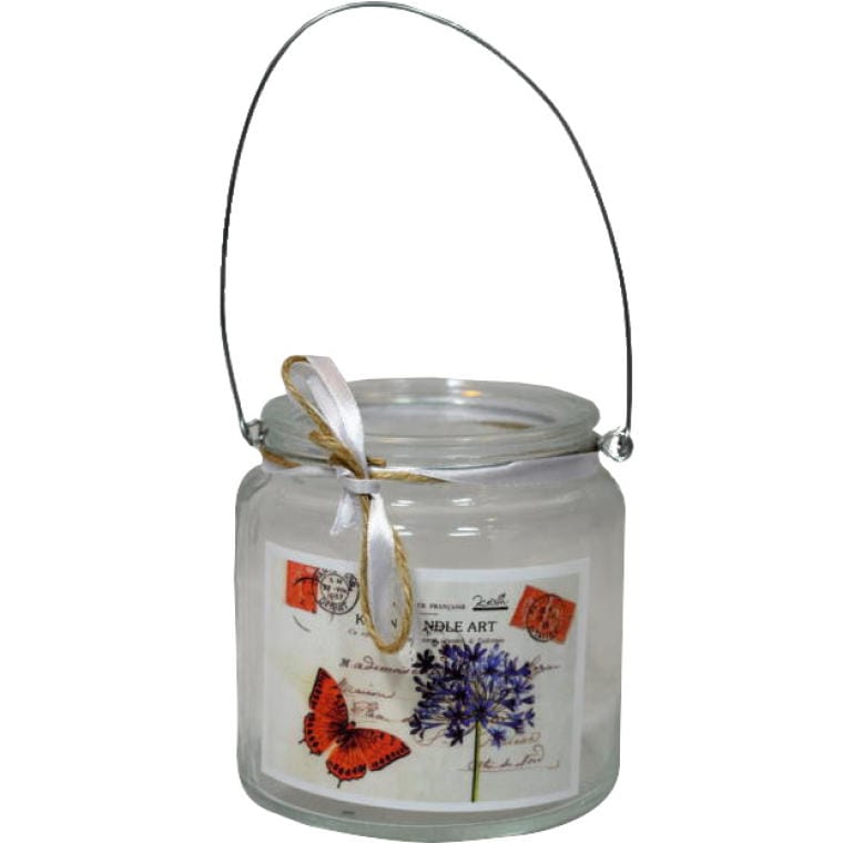 Portable glass candle holder with a butterfly for interior and patio decoration