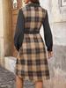 100% Clothing: 2025 Retro Plaid Patchwork Dress with Turn-Down Collar - New European & American Autumn/Winter Workplace Style.