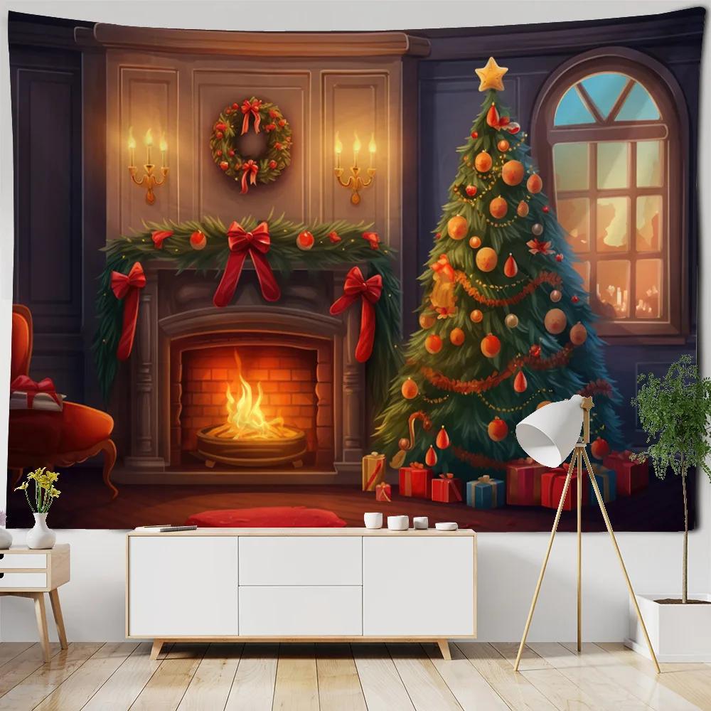 Christmas tree tapestry, Christmas fireplace, holiday decoration wall hanging, living room, bedroom, dormitory background poster