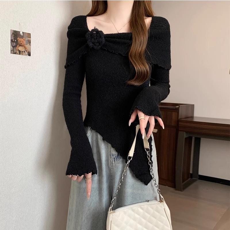 

Autumn French Ruffle Flower Off Shoulder Long Sleeve Knit Top Women Irregular Flare Sleeve Shirt One Size