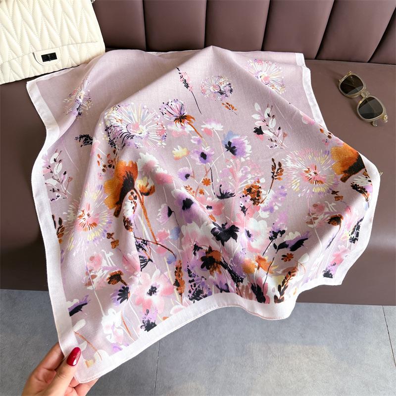 Romantic Flower Herringbone Pattern Cotton and Linen Feeling Small Square Scarf Silk Scarf Imitation Velvet Headscarf Shawl Sun Protection Scarf Women
