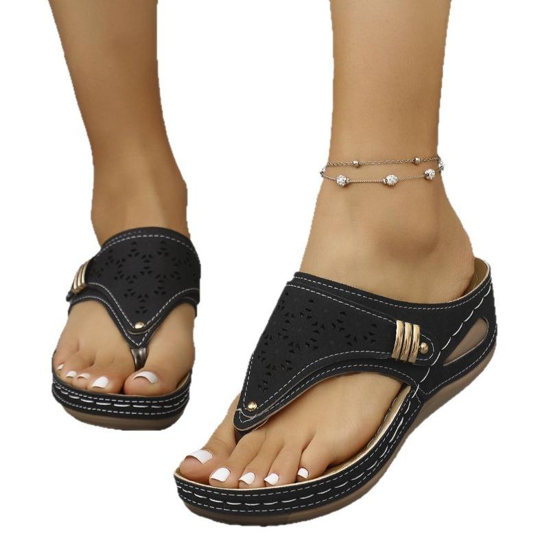 New Style of Plus-size Casual Slippers, Flat-bottomed Thick-soled Toe Wedge Heel Comfortable Sandals, Women's Shoes