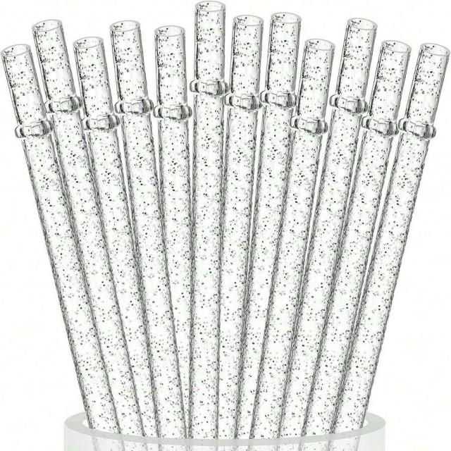 12pcs Reusable Sparkle Plastic Straws With Cleaning Brush, Rigid Non-Tipping Drinking Straws,for Tumbler Bar Home Party