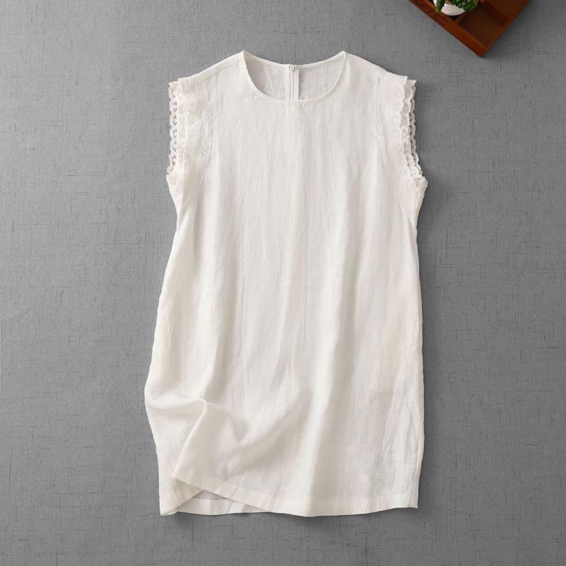 European-Inspired Flutter Sleeve Dress with Lace Trim - Sleeveless, Round Neck, Cotton & Linen Blend Large