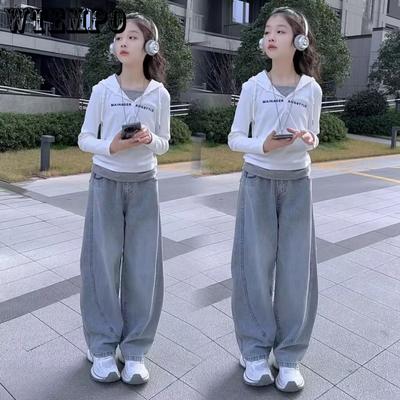 Girl's Fake Two-piece T-shirt Set Spring and Autumn Fashion Denim Curved Knife Pants Two-piece Set
