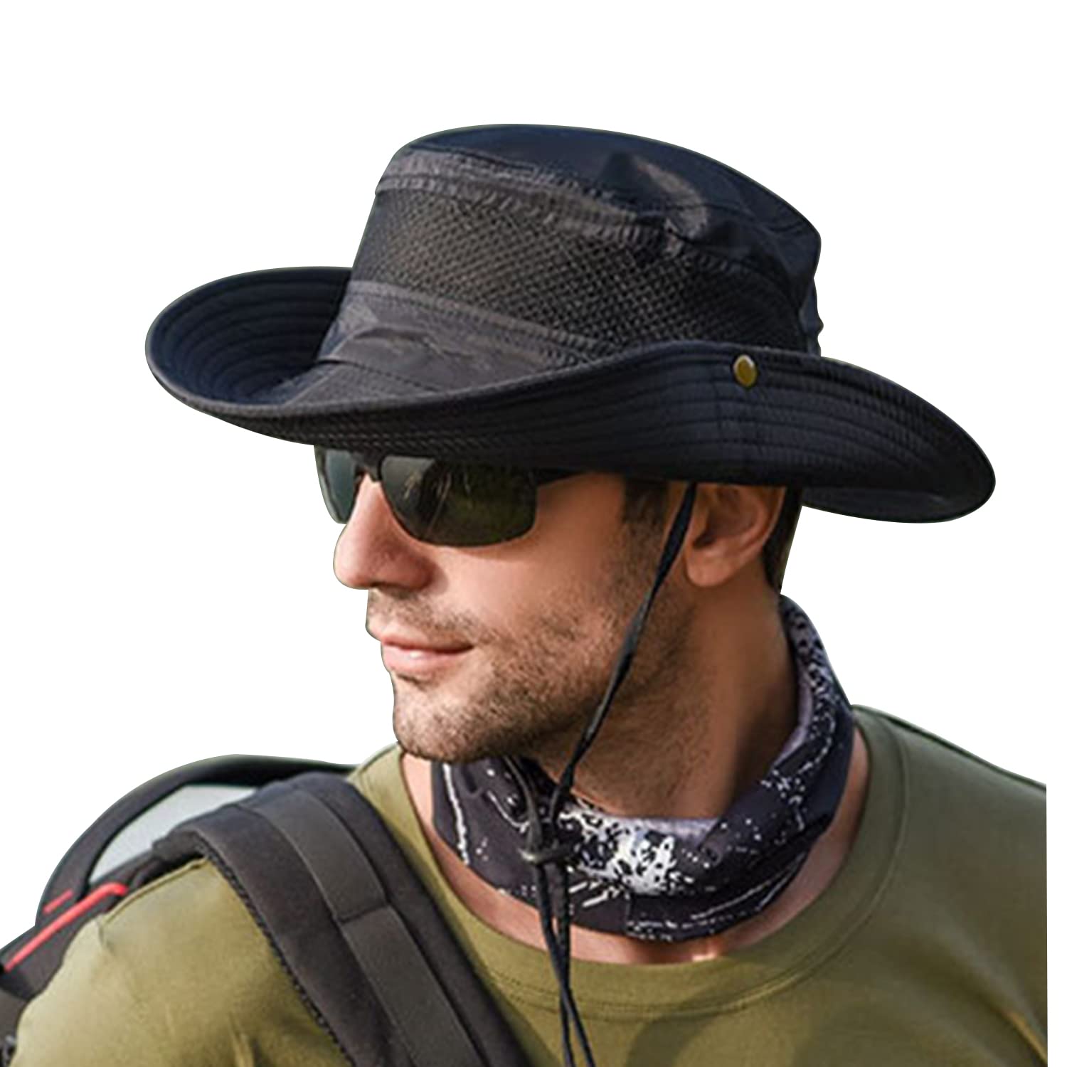 

Шляпа сафари для большой УФ-шляпы для сетчатой шляпы от солнца регулируемая с подбородочным шнурком спортивная горная для пеших прогулок [Gokamoi] Мужская, Размер, Защита, Мужская, [Двусторонняя, Вентиляция, чёрный