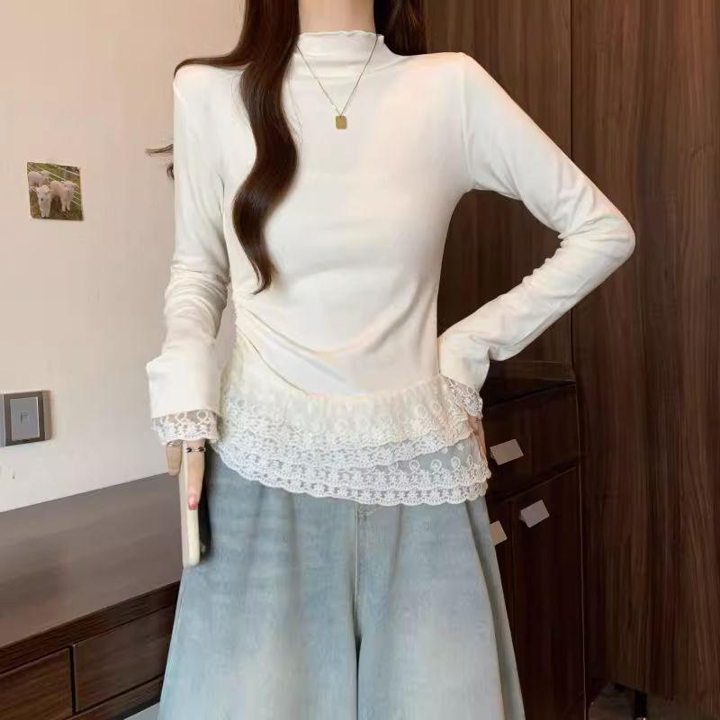 2026 Korean Style Lace High-Neck Long Sleeve T-shirt - Casual, Versatile Base Layer for Spring & Autumn