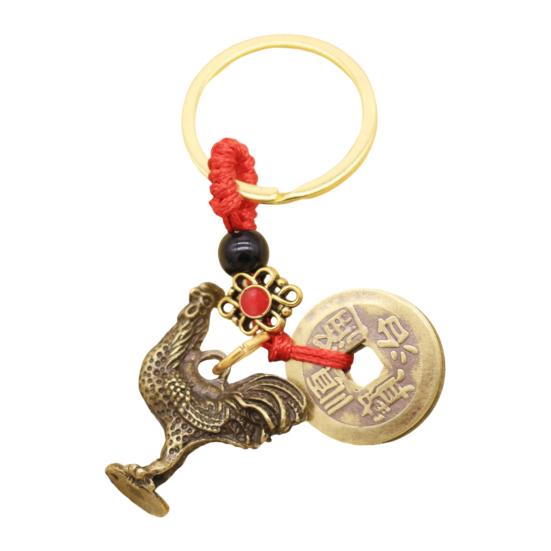 Retro Copper Keychain Pendant with Five Emperors Money Feng Shui Twelve Animal Charm Good Fortune Red Rope Key Chain Bag Car Accessory