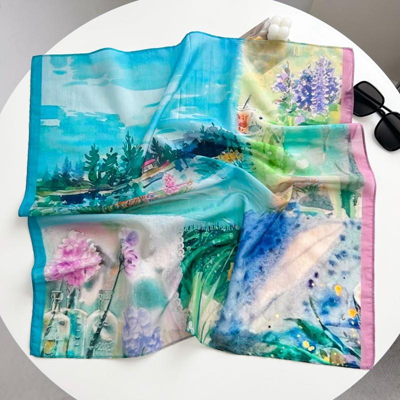New spring and summer light and breathable 61 * 61cm square scarf versatile printed mulberry silk cotton blended women's silk scarf