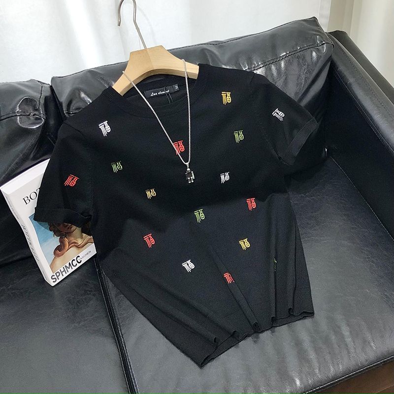 

Men s Knitted Short Sweater Half Sleeve Embroidered Round Neck Slim Youth Pullover Base Layer New Trend 5XL червоний