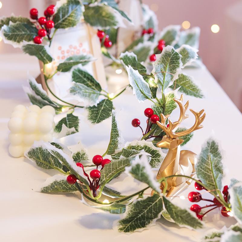 2M Artificial Christmas Garland Leaf String Lights Red Berries Ivy Vine Rattan Wreath Lighting Strings For Xmas Tree Party Decor