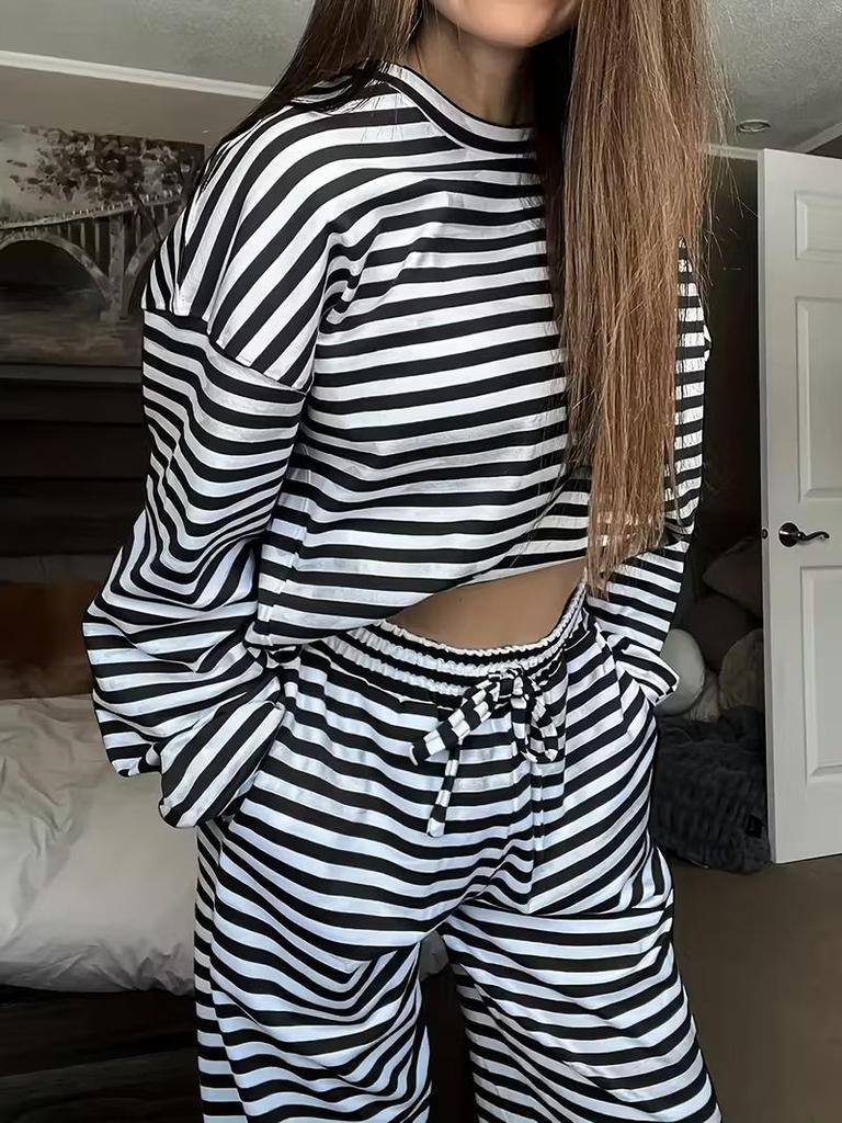 European-American Women's Striped Long Sleeve Top & High Waist Pants Set - Autumn 2025 Fashion Casual Wear.