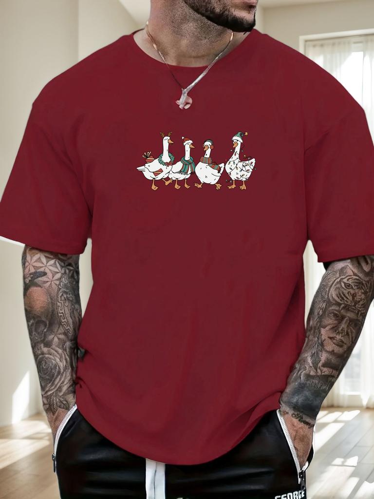 Herren Weihnachts-Gans Grafik T-Shirt Winter Weich Komfort Passform Oversize Tägliches Tragen Tee