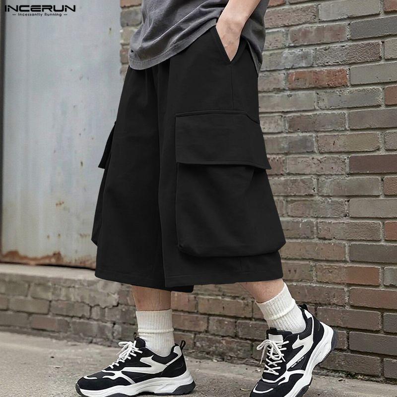INCERUN Summer Men Elastic Waist Pockets Casual Loose Shorts Pants Capri