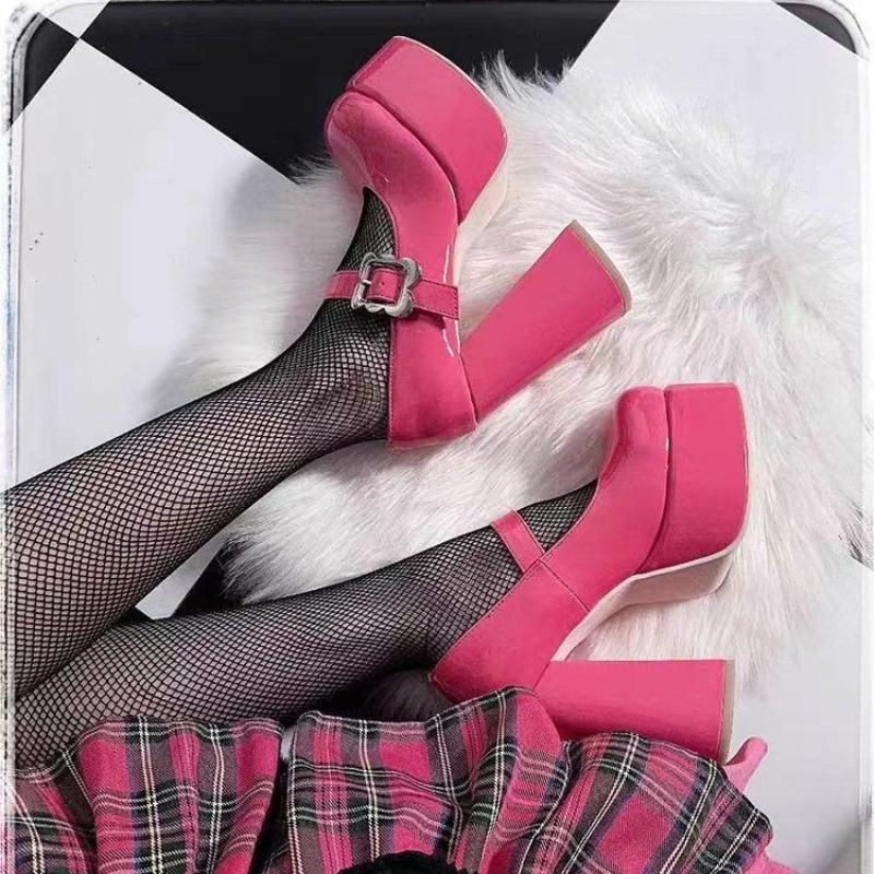 Superhögklackade skor Nya Rund tå Djup urringning Metallspänne Tjock klack Vattentät plattform Mary Jane Damskor