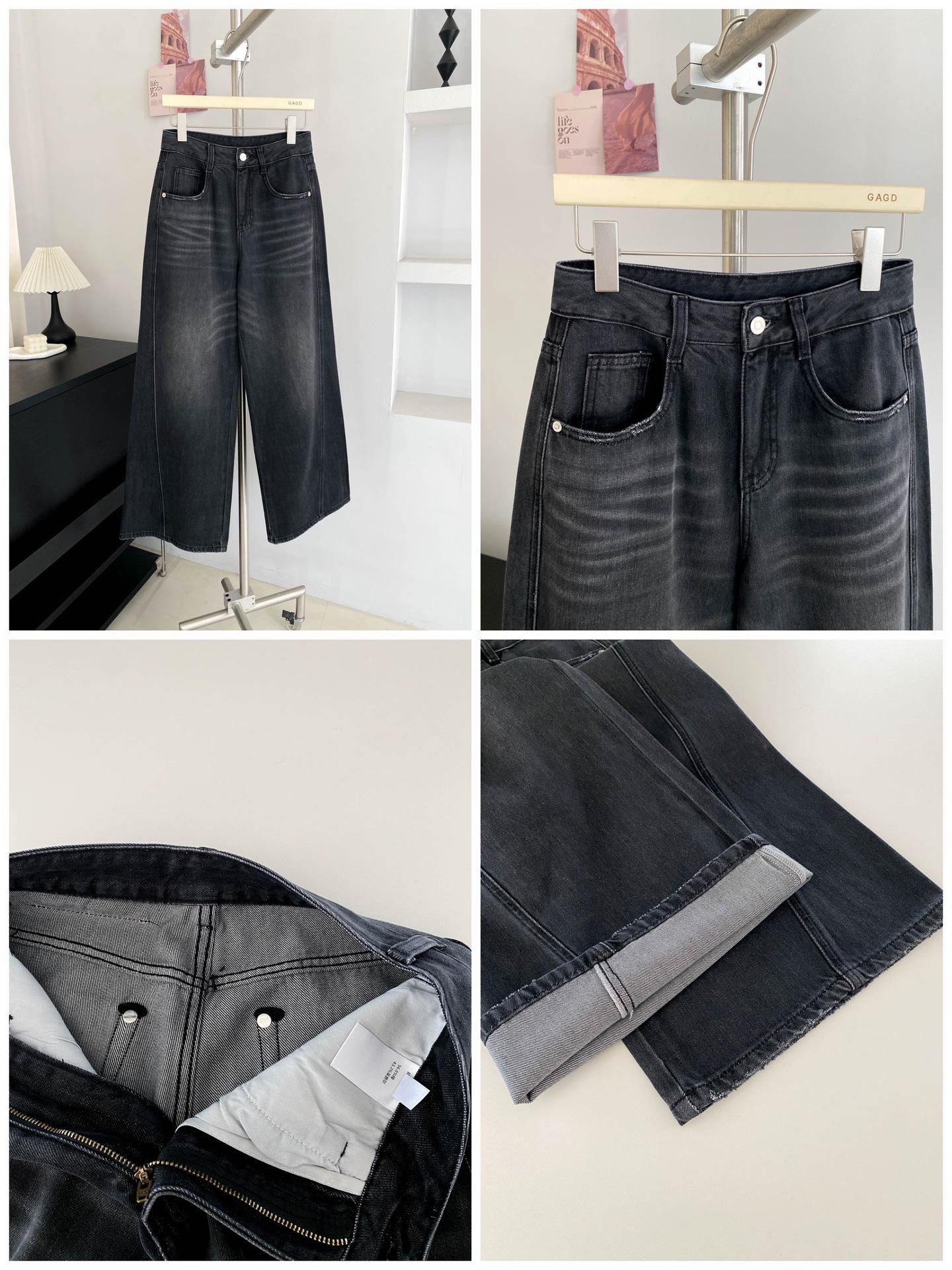 GAGD Wide-Leg Charcoal Black Distressed Tencel Jeans with 3D Pleats - Retro Loose Fit, Floor-Length for Women S