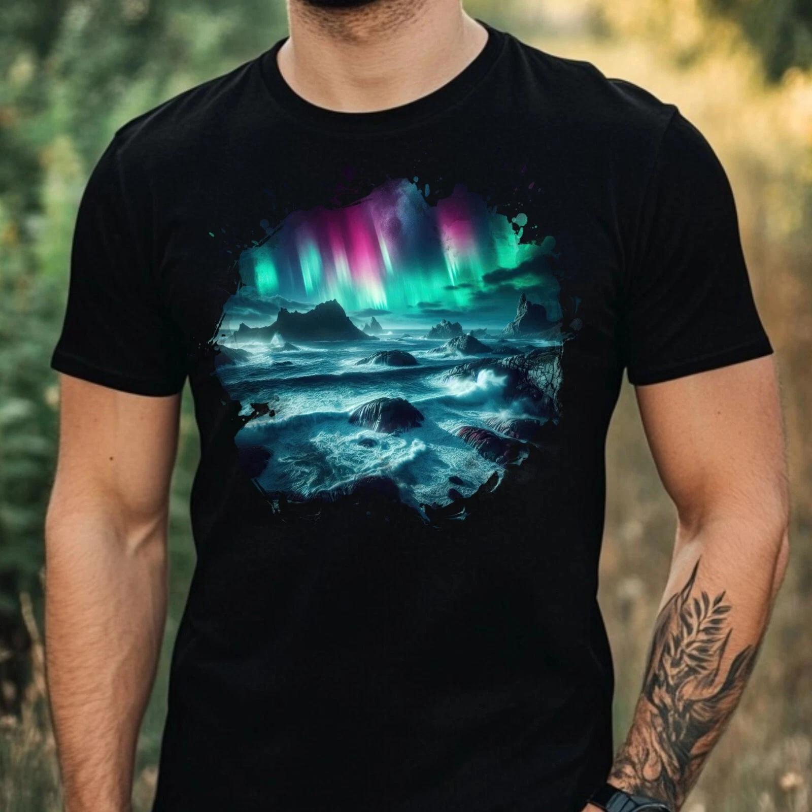 T-Shirt Herren Aquarell Nordlicht Motiv Baumwolle Größe XS bis 5XL XXXXL