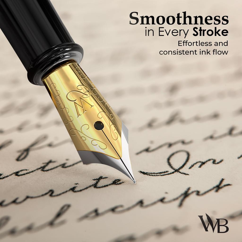Wordsworth Black Fountain Pen 18K Glided Broad Includes 24 Pack Ink Ink Refill Converter Gift Gold Perfect for Men Women & Set, Nib, Cartridges, &