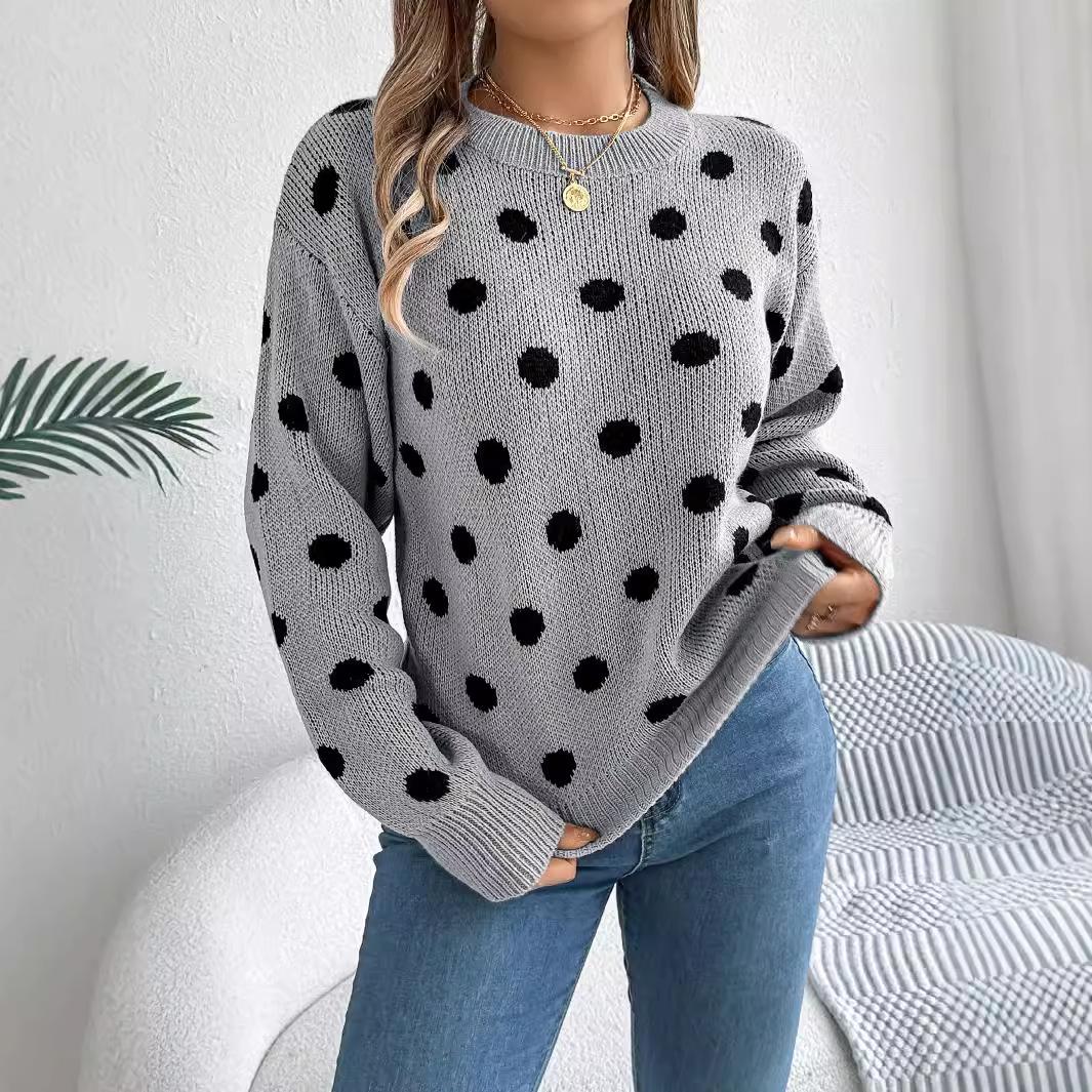 

Autumn Winter Fashion Polka Dot Pattern Knitted Sweaters Women Casual Round Neck Lantern Long Sleeve Pullover XS серый