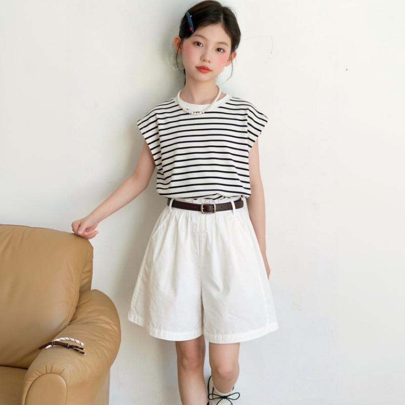 Girls Striped Sleeveless T-Shirt and Shorts Set - 2026 Summer Collection 130 cm