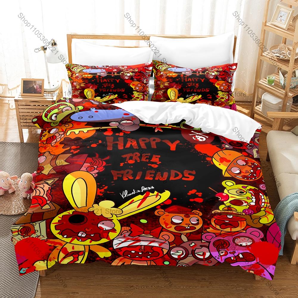 Happy Tree Friends Bedding Set 3PCS Cartoon Kpop Printed Duvet Cover Pillowcase Bedroom Decor Twin Full Queen King Size 2026