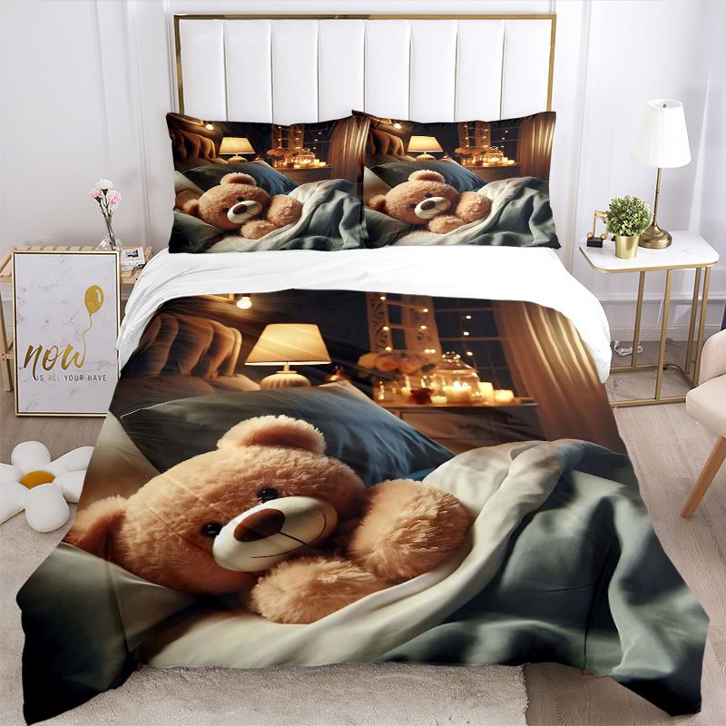 3-teiliges Anime-Teddybär-Bettwäscheset - Enthält einen Bettbezug und zwei Kissenbezüge (Kein Kern) - Perfekt für Schlafzimmer- und Gästezimmerdekoration,