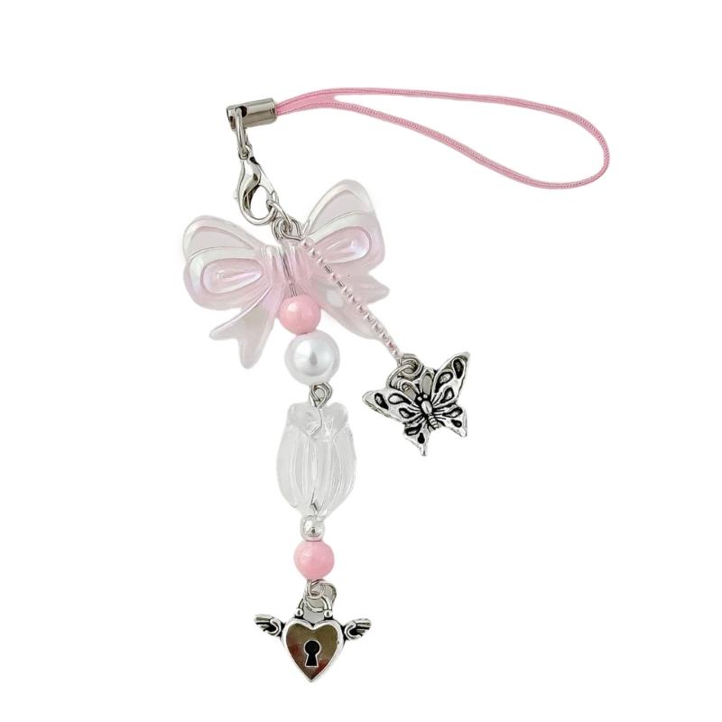 

Cute Tulips Keychain with Bowknot And Heart Lock Youthful Tulips Bowknot Phone Hanging Ornament Stylish Phone Lanyard 1