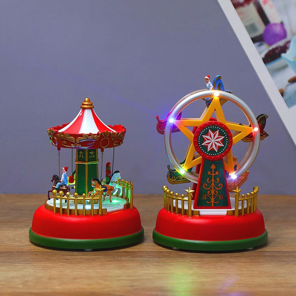 LED Lighted Music Box Battery Operated Musical Merry-Go-Round Sky Wheel Resin Ornament Carousel Horse Whirligig Toy