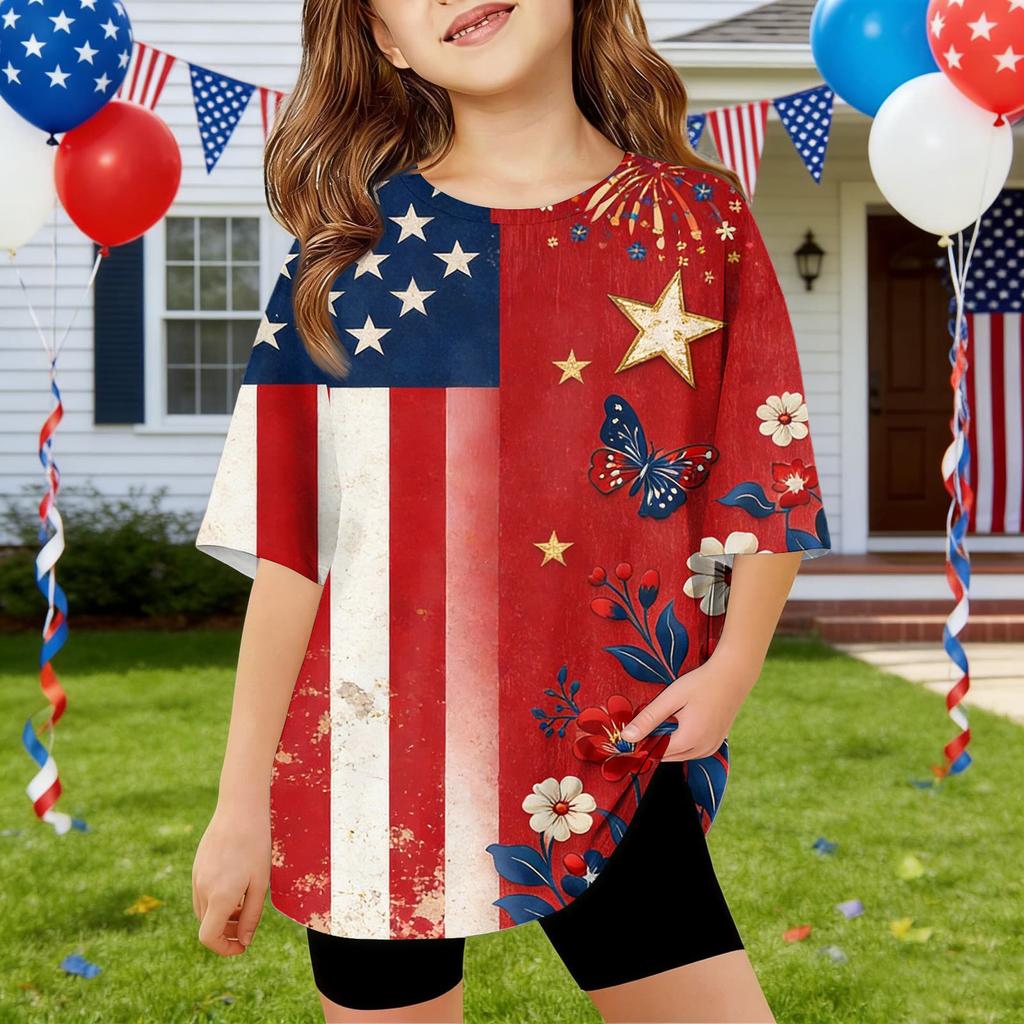 Kids Independence Day Print Round Neck Short Sleeve Casual T-shirt