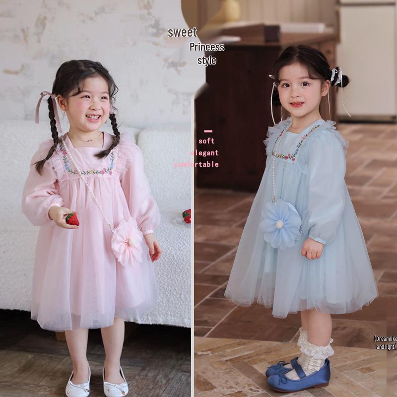 Autumn 2025 Girls' Princess Embroidered Dress with Bag – Fashionable Mesh Puffy Skirt