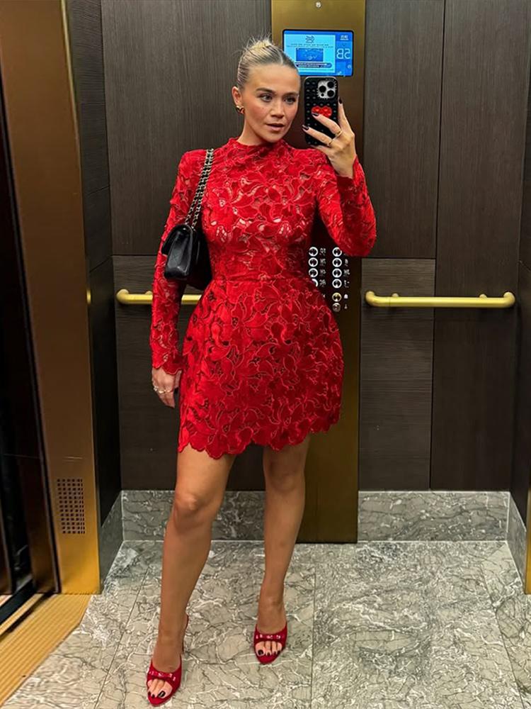 Damen Langarm Durchsichtiges Kleid Damen Blumen Ausgehöhlt Stehkragen Kleid Weihnachtsfeier Geburtstag Rotes Kleid 2025