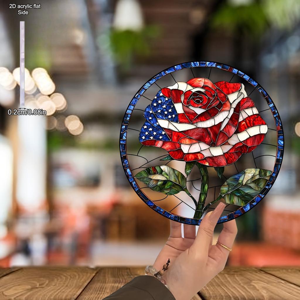 American Flag Rose Theme Sun Catcher Acrylic Hang Sign, Nurseries, Vintage Home Decor Wall for Bar Kitchen, Restaurant Shop Wall Decor, Garden Decorat