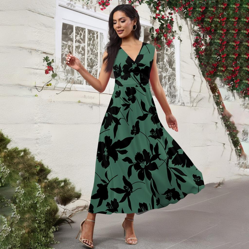 Women's Casual And Fashionable Floral Print V-Neck Sleeveless Dress Sleeveless Dress
