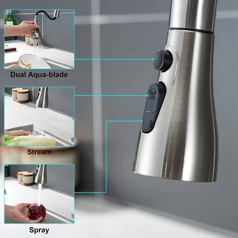 Faucet Spray Head G1/2 Brushed Silver 3 Functions Pull Down Sprayer Nozzle For Kitchen02 Type