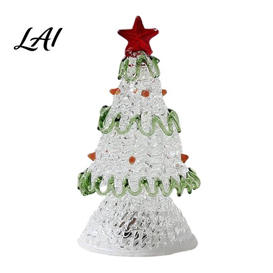 Handmade Crystal Figurine Glass Christmas Tree Lighted Figurine Mini Luminous Xmas Clear with Gold Star Night Light Art Tabletop Holiday Decoration