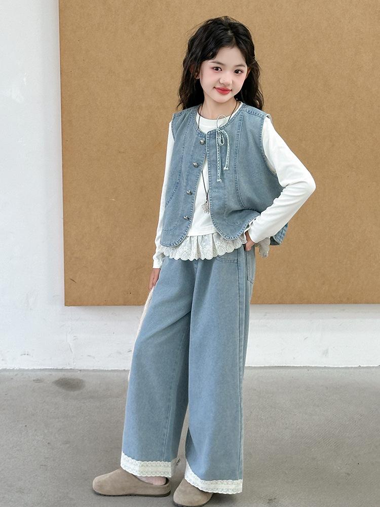 Girls' Denim Vest and Lace Pants Set – Long Sleeve Base Shirt Included (Spring/Autumn 2025)