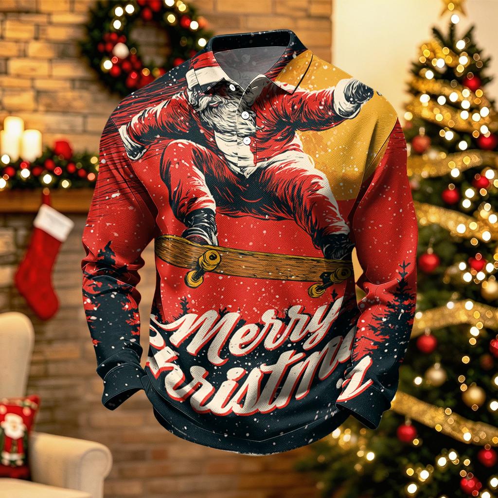 Men's Casual Quick-Dry Mesh Golf Shirt Long Sleeve Top with Christmas Print